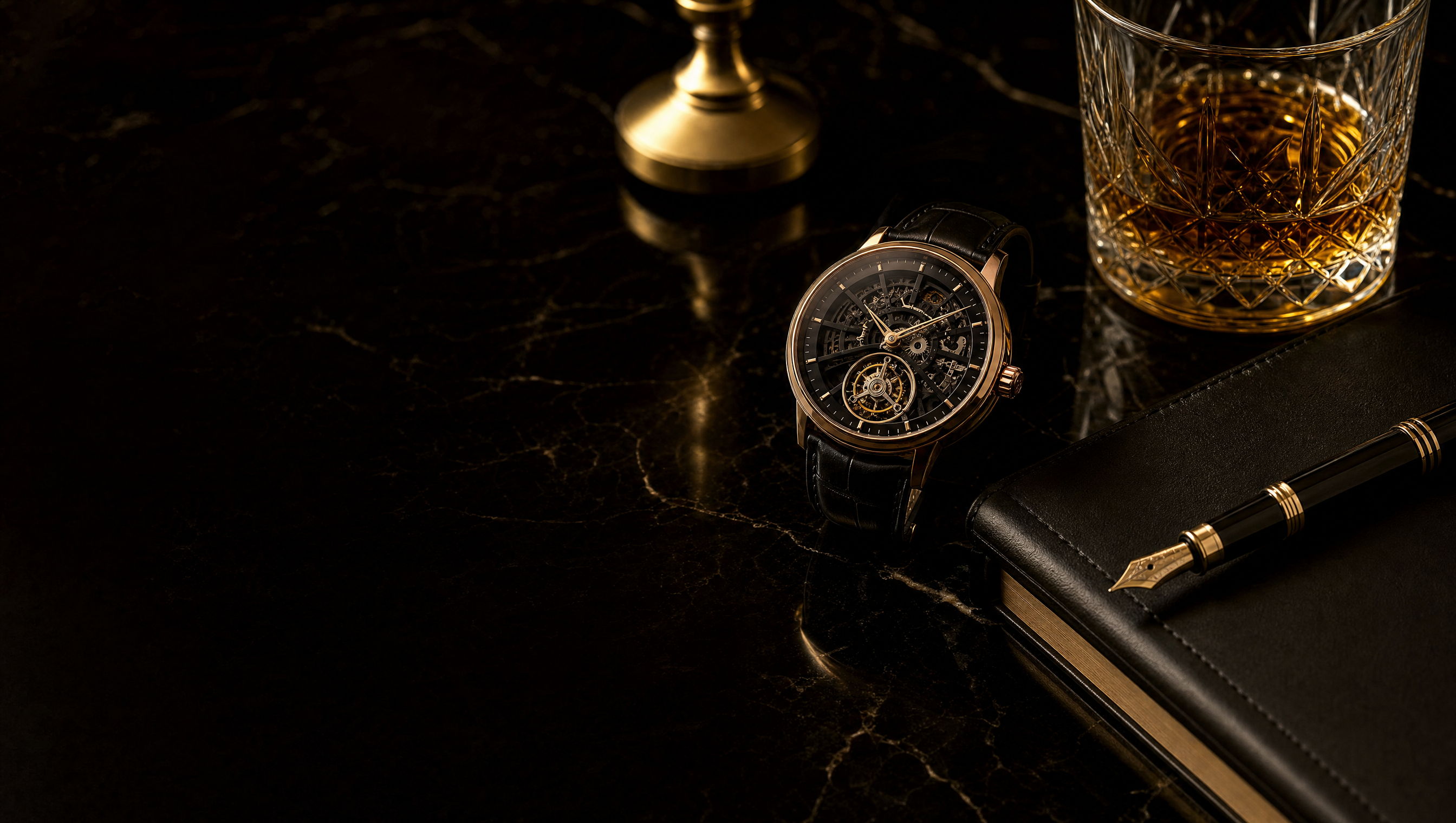 A mechanical watch, fountain pen, notebook, and whisky tumbler on black marble